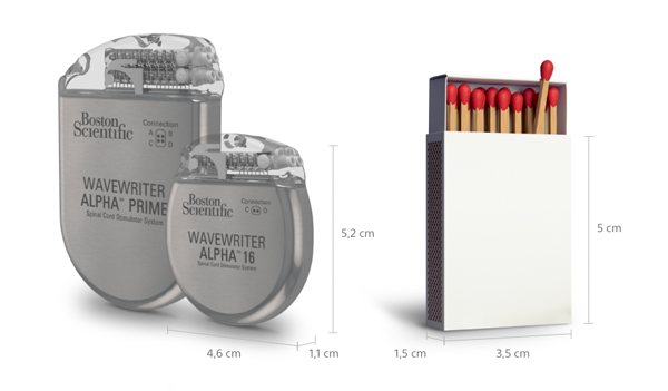 Groessenvergleich von SCS Stimulatoren mit einer Streichholzschachtel